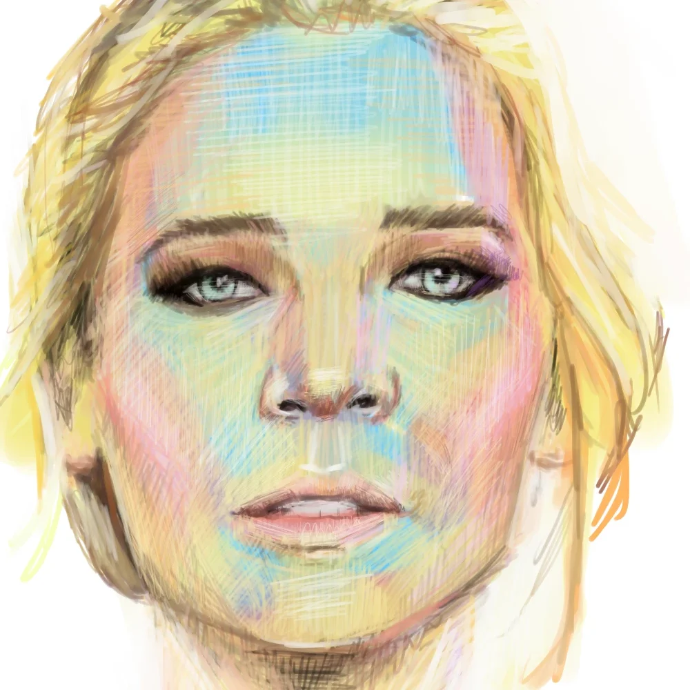 Ilustración digital de una mujer con ojos azules.