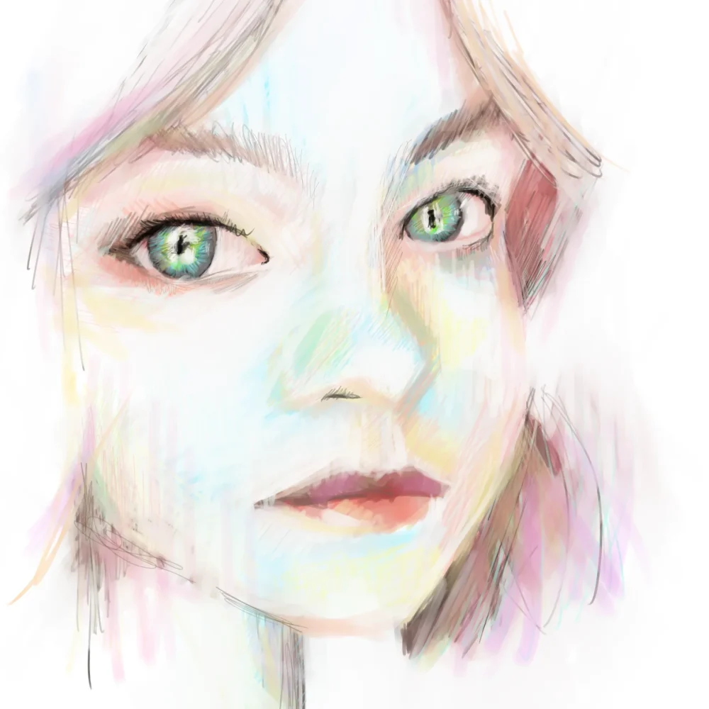Una ilustración de una niña con ojos verdes.