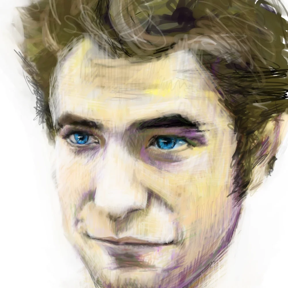 La imagen muestra a un hombre con ojos azules en una pintura digital.